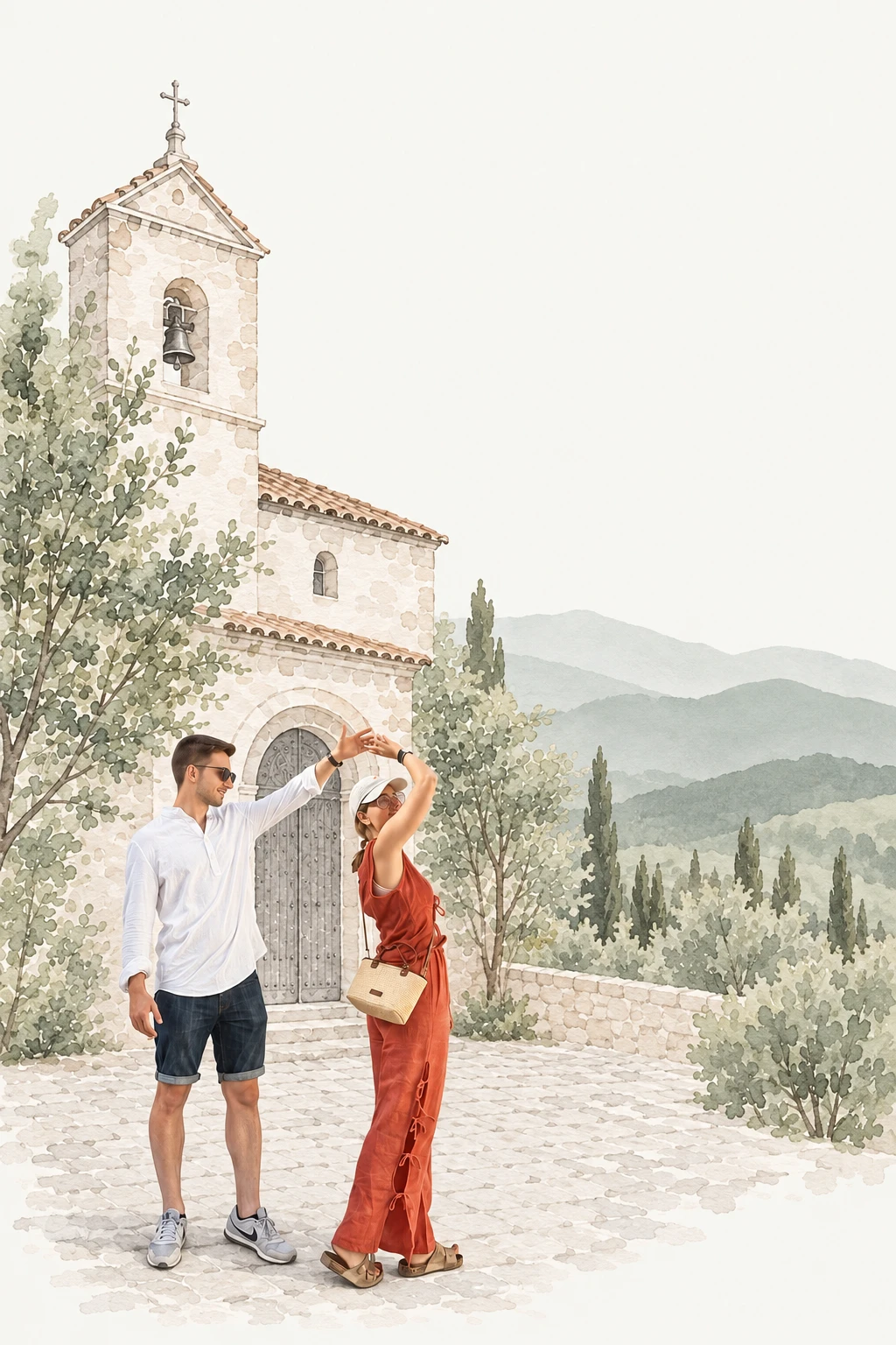 Acuarela de Elena y Adrián bailando delante de una iglesia de piedra en la sierra